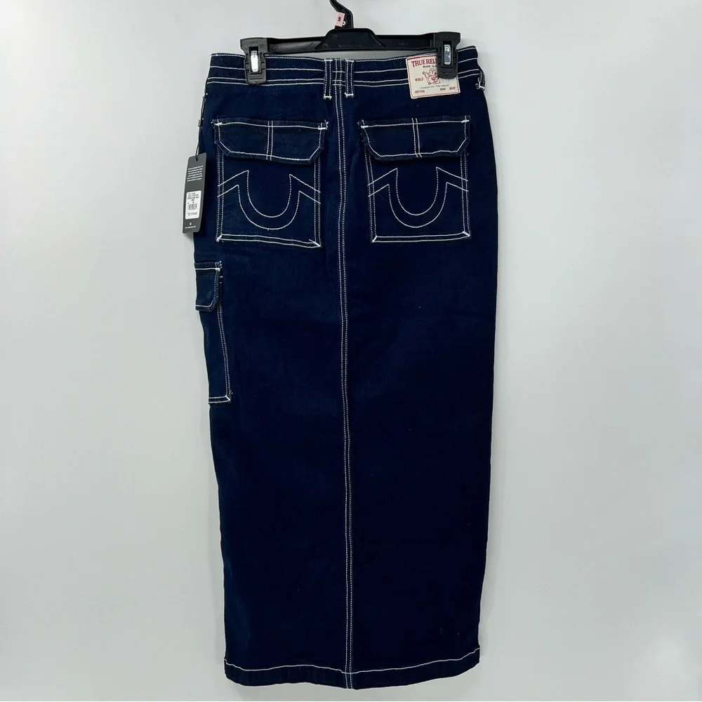 True Religion Cargo Denim Maxi Skirt 26 Dark Wash Y2K Utility NWT